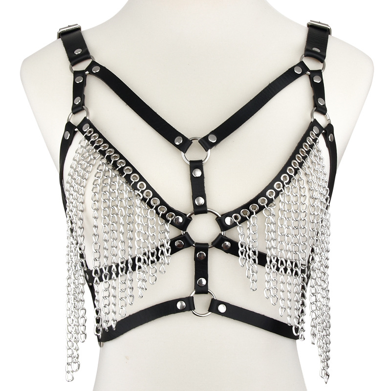 欧美摇滚性感皮质身体链胸罩文胸链条流苏比基尼背心背带胸带吊带