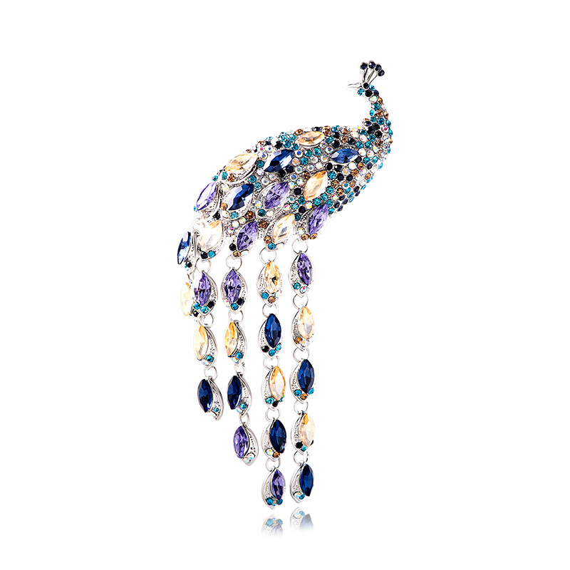 Diamond-Embedded Retro Large Long Tail Crystal Peacock Tassel Brooch Sweater Accessories Corsage Women's Accessories Hot Sale