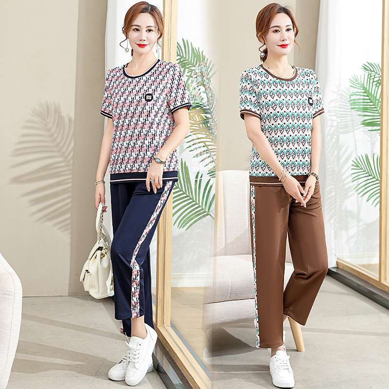 妈妈夏装洋气短袖上衣服中年女装气质大码中老年夏季休闲运动套装