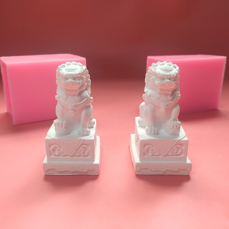 新中式立体石狮子水泥混凝土装饰摆件中国风玉玺石膏蜡烛硅胶模具