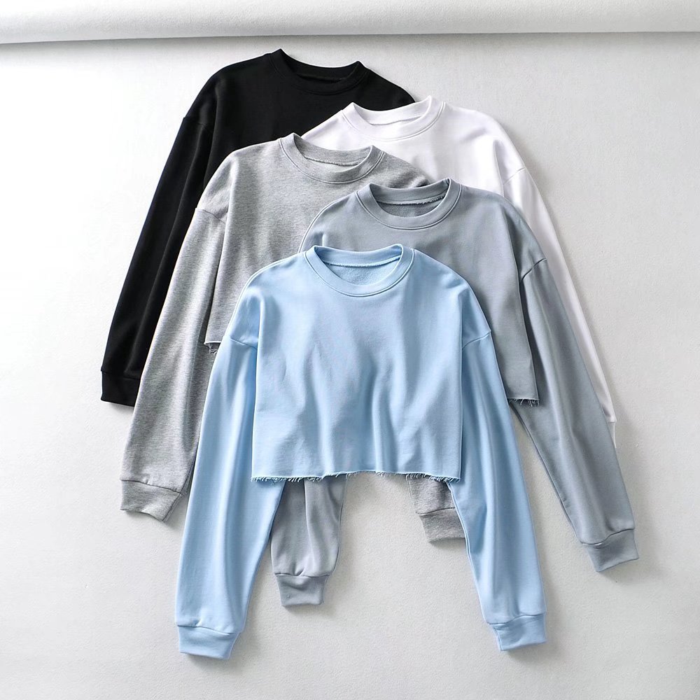 2021秋季女装新款欧美风潮流圆领宽松上衣毛边短款长袖卫衣女