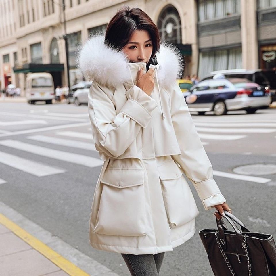 羽绒棉服2021新款女冬装韩版连帽小个子收腰短款大毛领派克服外套