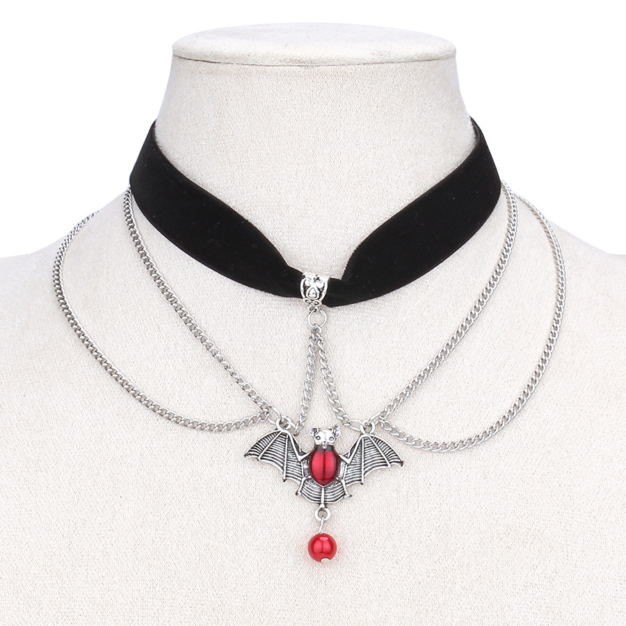 欧美跨境饰品 个性黑色天鹅绒布项链暗黑系红色仿珍珠蝙蝠吊坠