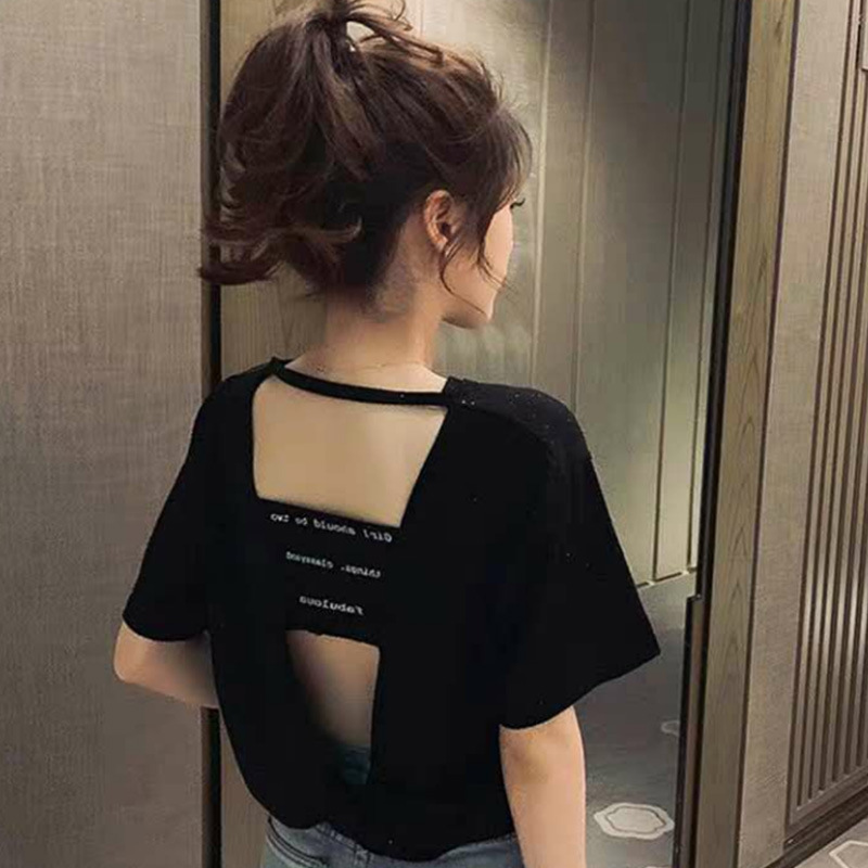 外贸女装2021夏季短袖t恤女新款心机性感露背体恤宽松漏腰学生t恤