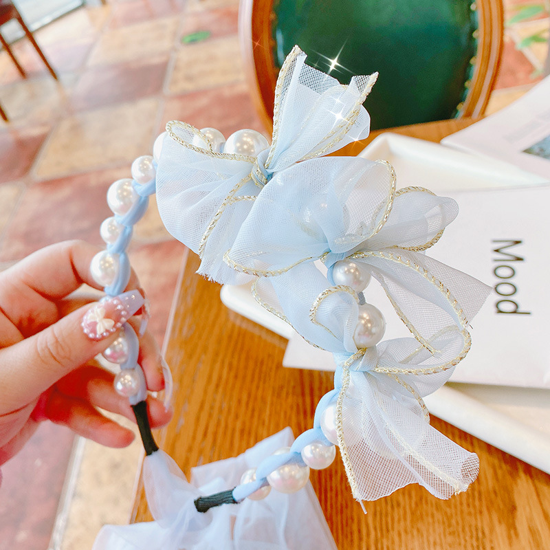 hd4368a07 洛丽塔少女日系夏季甜美网纱蝴蝶结飘带珍珠束发箍头箍