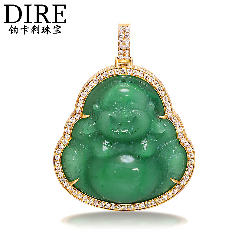 客户定制玉佛金边框吊坠 金边镶嵌莫桑石 加工定制