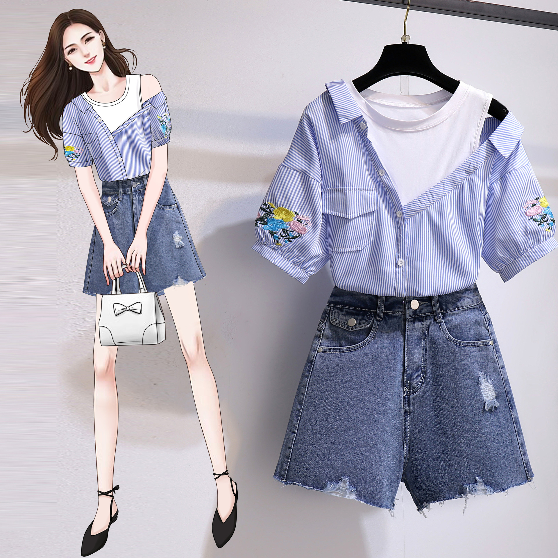 实拍现货2021夏装新款韩版polo领假两件条纹绣花短袖衬衫牛仔短裤