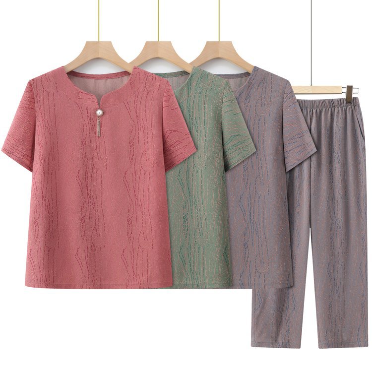 妈妈装套装中老年人夏装短袖t恤奶奶两件套60老太太老人衣服薄款