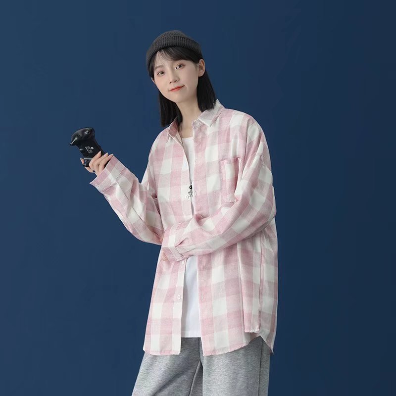 粉色格子长袖衬衫女文艺风学生宽松寸衣外套chic潮流韩版复古寸衫