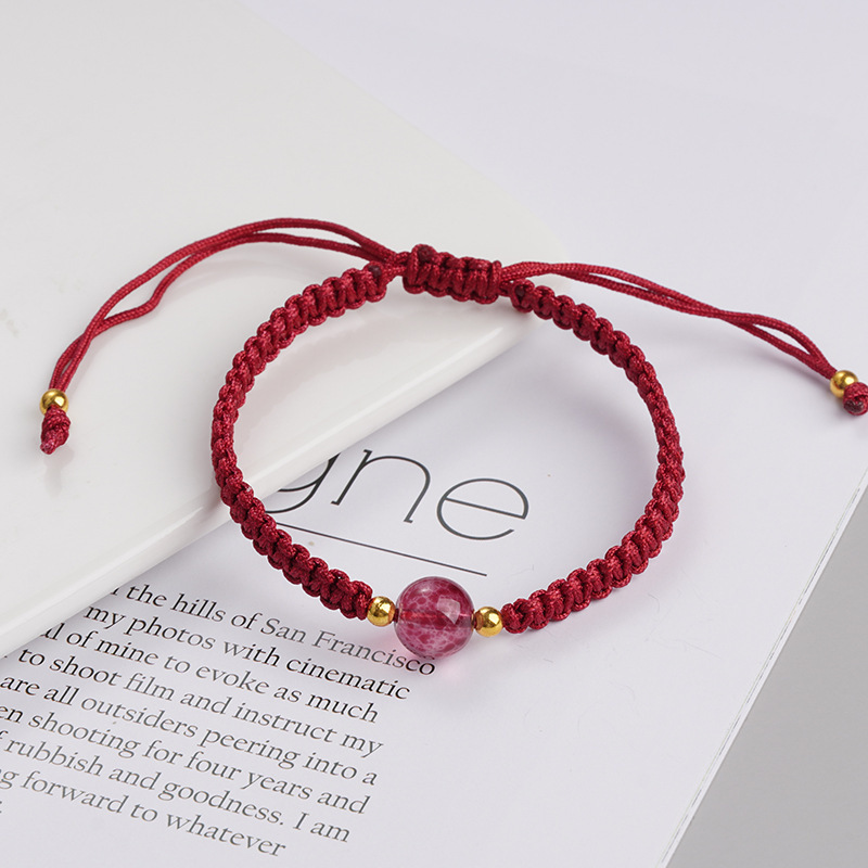 2023 new obsidian lucky beads men‘s， red strawberry quartz crystal bracelet women‘s woven couple bracelets