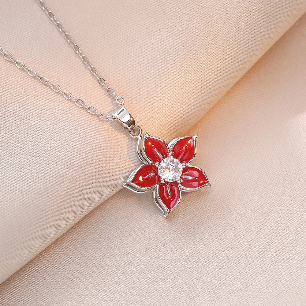 项链女 网红紫荆花锆石花朵小众轻奢新款设计感吊坠气质钛钢项链