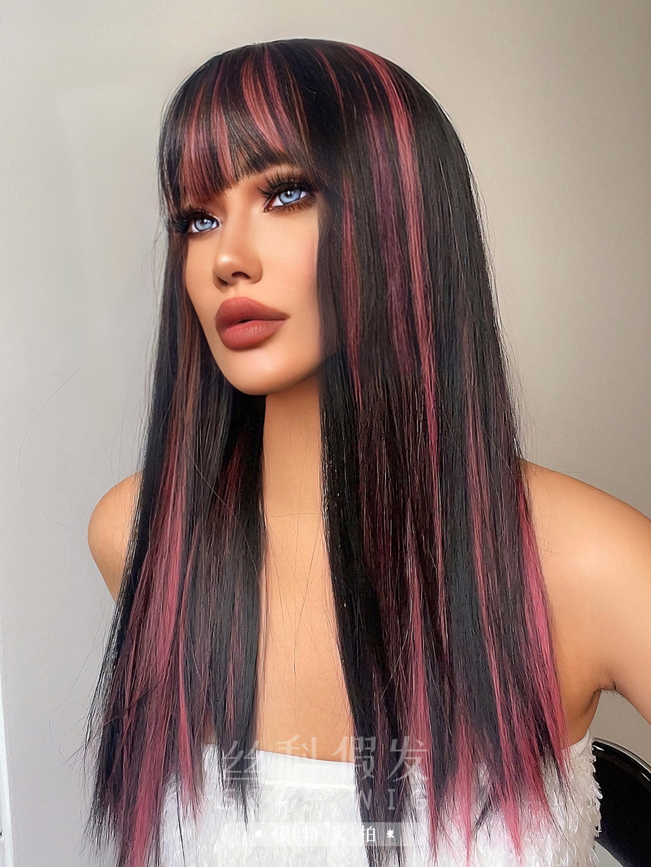 假发女长发网红时尚女团挑染逼真头皮lolita自然齐刘海jk长直发