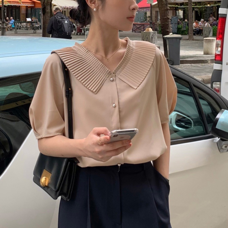 百褶短袖雪纺衬衫女 2024新款夏 上衣女 韩版chic小众设计感衬衣