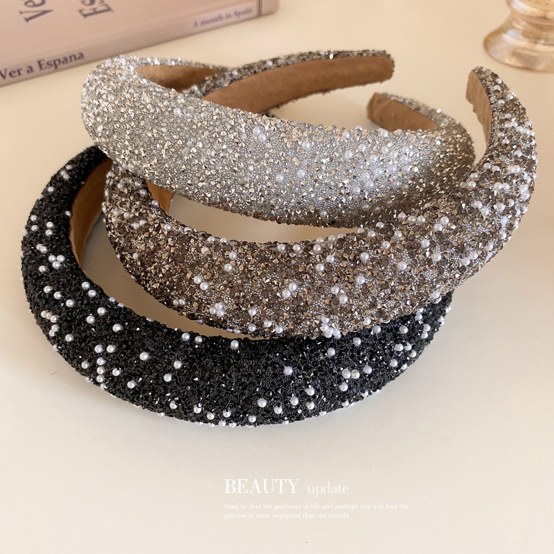 Korean New Sparkling Full Rhinestone Pearl Sponge Headband Affordable Luxury Fashion High Skull Top Headband Niche High Sense Hair Accessories