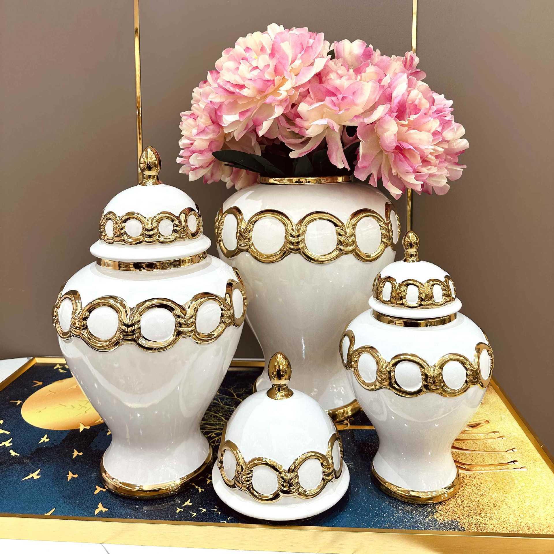 Storage Jar Soft Decoration Ceramic Light Luxury Electroplating Temple Jar European Flower Vase Crafts Decoration Hallway