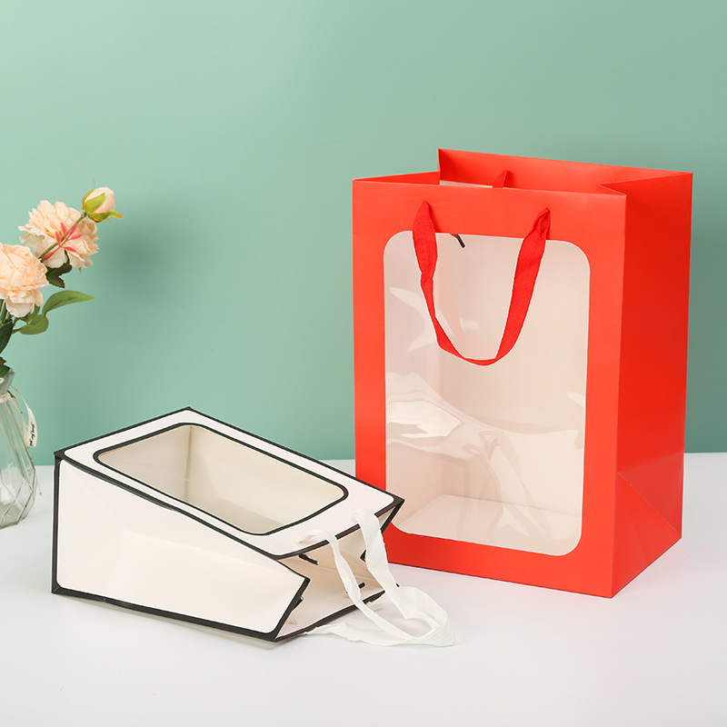In Stock Wholesale Transparent Gift Bag Window Bag Hand Gift Simple Valentine's Day Hand Bag Hand Gift Bag Cake Box