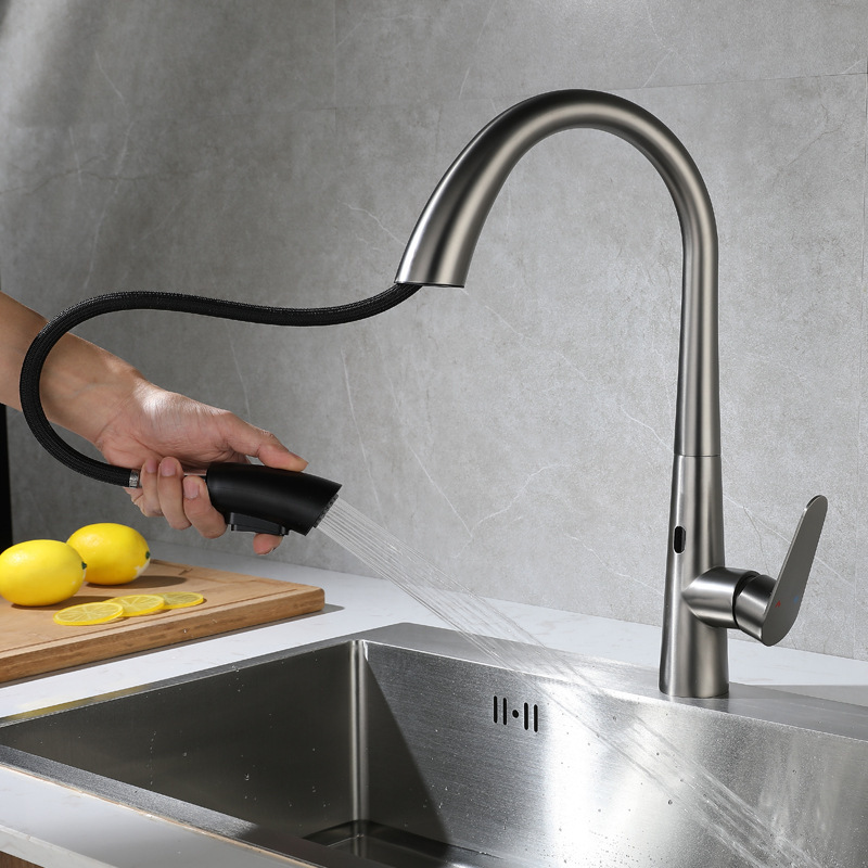 Intelligent Infrared Sensor Gun Gray Hidden Pull-out Kitchen Faucet Hot and Cold Water Sink Sink Sus304