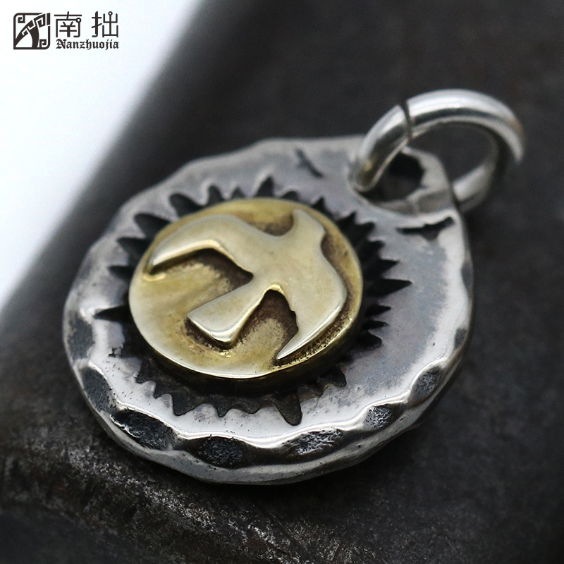 南拙手工印第安风格飞鸟银饼小吊坠diy配饰s925纯银男女挂件复古
