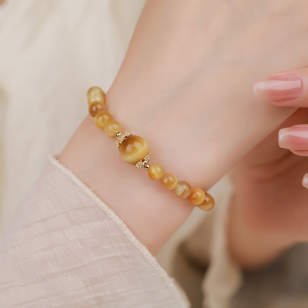 2024热款原创设计天然金虎眼石手链搭配金色配饰手串女大气个性款