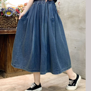 水洗牛仔棉阔腿裤女装松紧腰宽松薄款夏季七分裤宽松大码裤裙