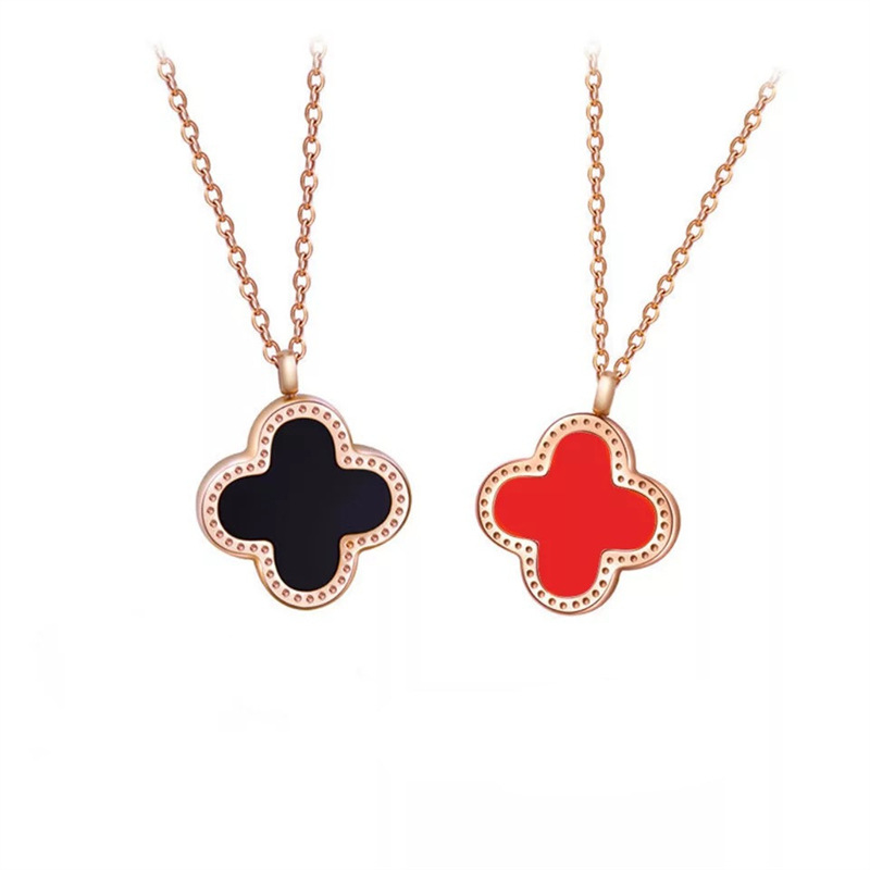 Clover Necklace Double-Sided Black Red White Shell Net Red Titanium Steel Trendy Clavicle Chain Lucky Four-Leaf Clover in Stock Wholesale