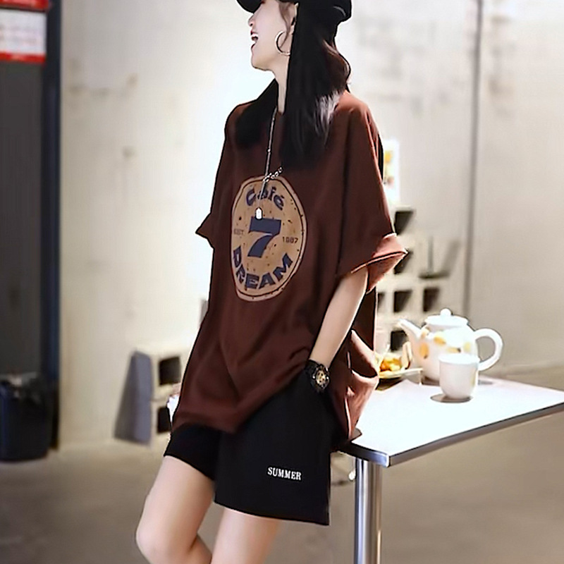 High-End Brown round Neck Chic Printed Loose T-shirt Two-Piece Women's Clothing Summer Pirate Shorts a Complete Set of Wear