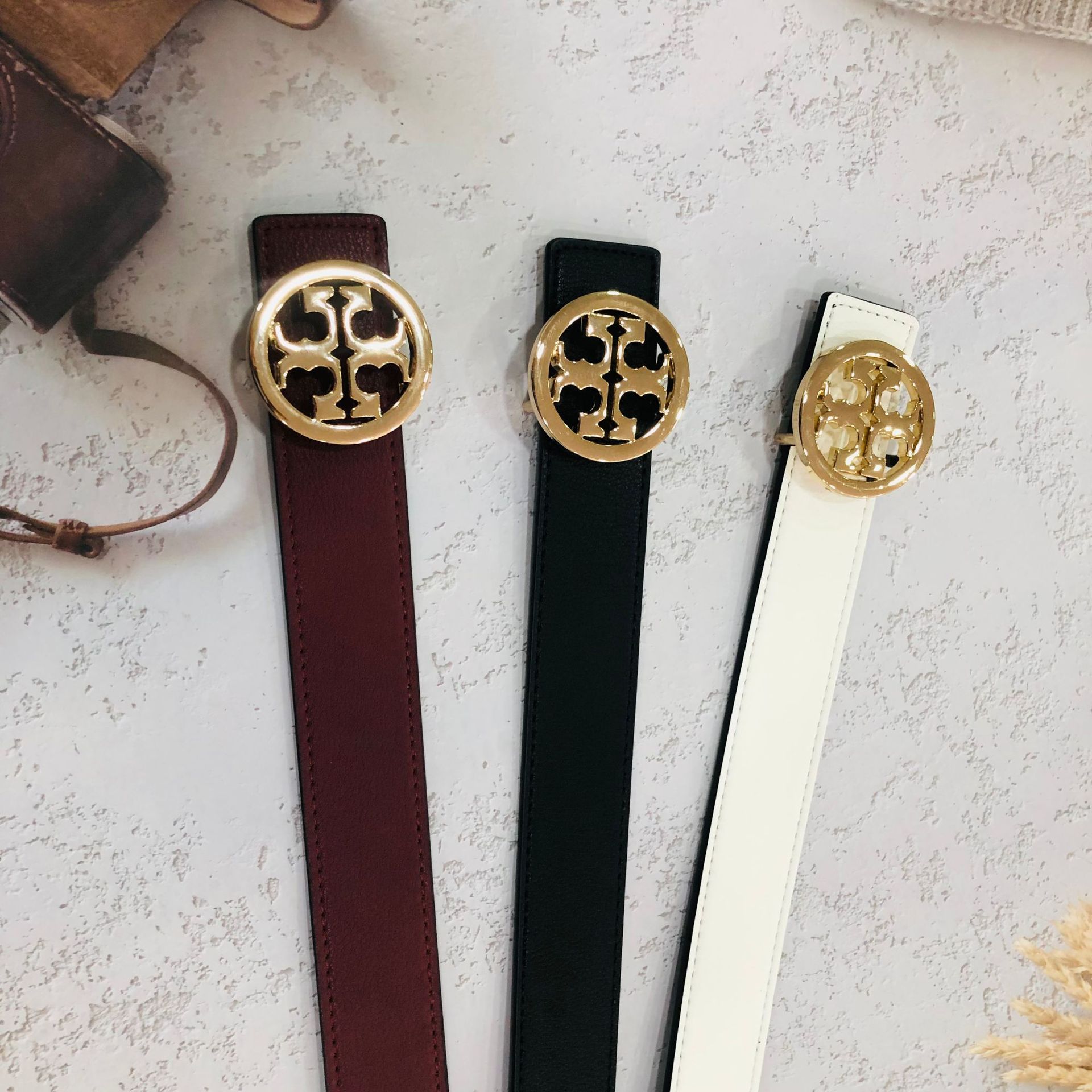 新款网红蝴蝶扣赛林皮带25mm纯铜凯旋门头层真皮腰带可供直播代发