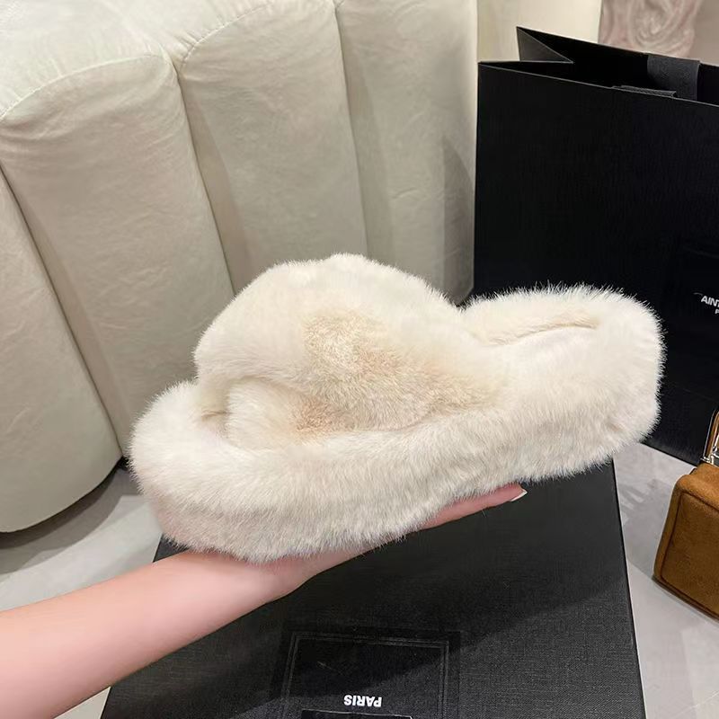 Thick Bottom Cross Belt Fluffy Slippers Female Fall and Winter Outer Wear 2022 New Muffin Thick Bottom Soft Bottom Home Cotton Slippers