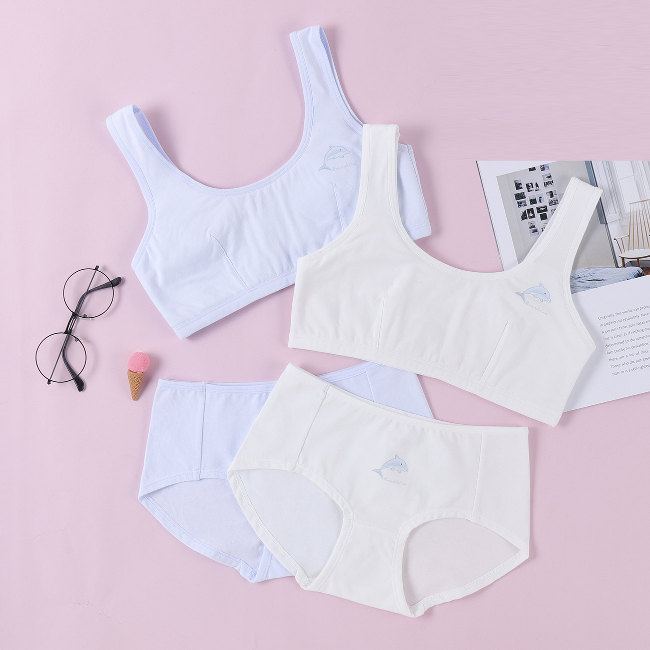 现货少女文胸女童发育期学生内衣棉柔8-16岁打底背心 三角裤套装