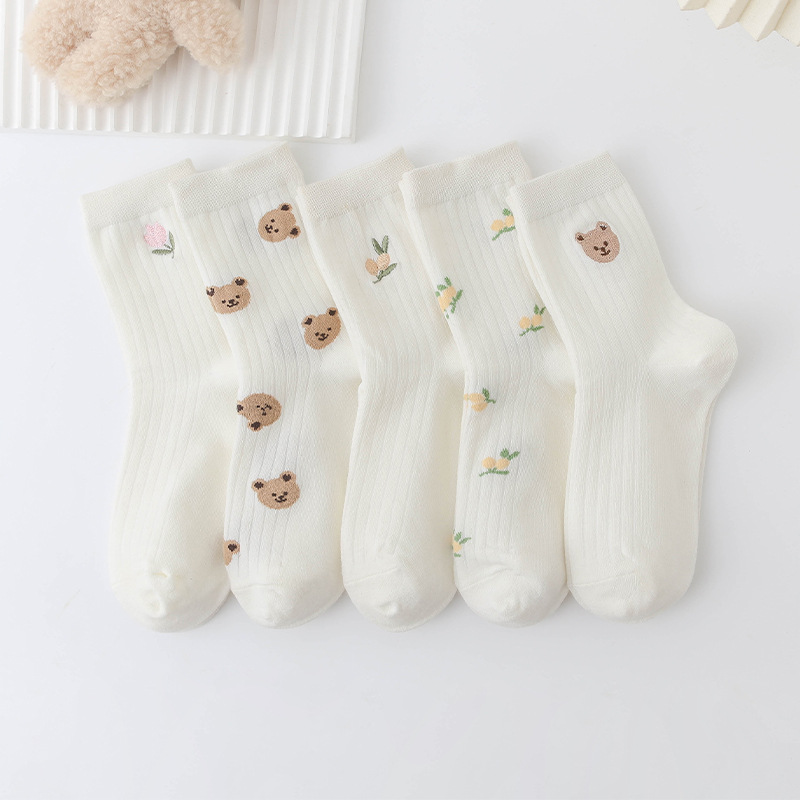 Women's Socks Knee-High White Socks Vertical Stripes Bear Japanese Cute Long Socks Ins Tide Student Socks Casual Socks