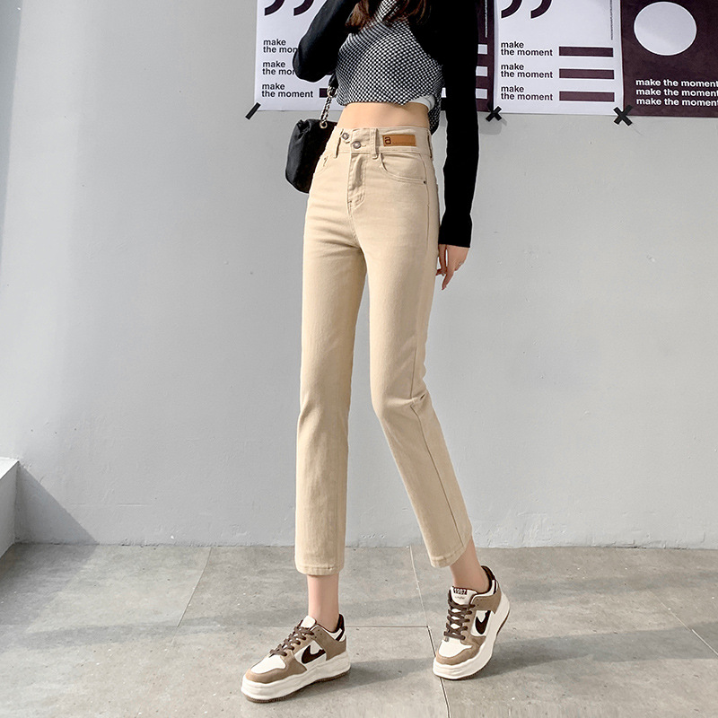 Khaki Straight Jeans Women's Autumn and Winter Fleece-lined Thick High Waist Cropped Small Cigarette Pants