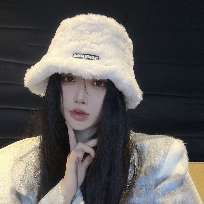 Plush Bonnet Women's Autumn and Winter Korean Style Beige Japanese Style Knitting Woolen Cap Warm Fisherman Hat Earflaps Slipover Bucket Hat