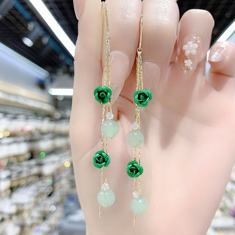 green flower opal hanging earrings 2022 new trendy elegant long tassel earrings internet celebrity anti-lost earrings for women