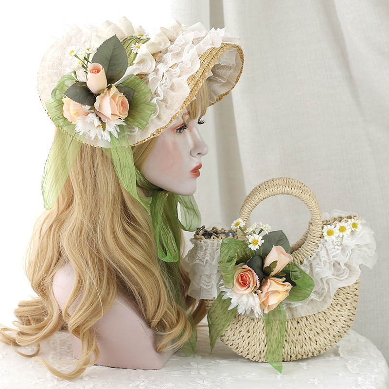田园风lolita帽子森系小清新洛丽塔花学生草帽波奈特茶会扁帽
