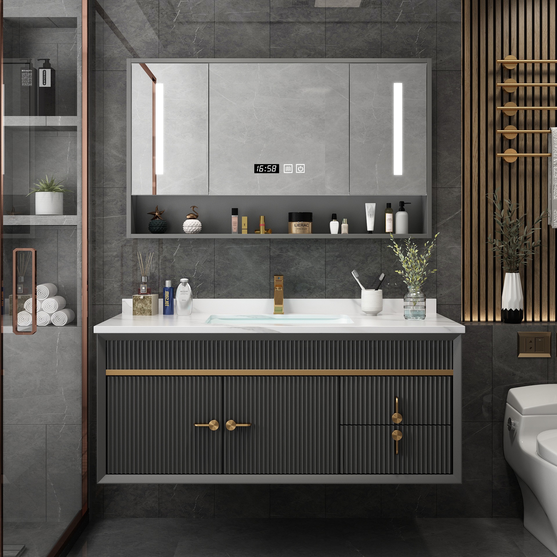 轻奢岩板一体盆浴室柜组合现代简约卫生间洗漱台洗手池洗脸盆智能