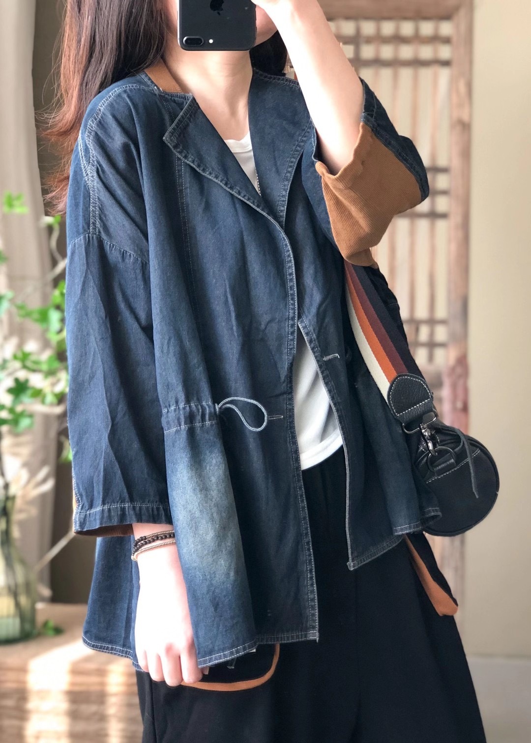 2022年秋季新款韩版潮简约百搭宽松休闲抽绳收腰牛仔外套女装上衣