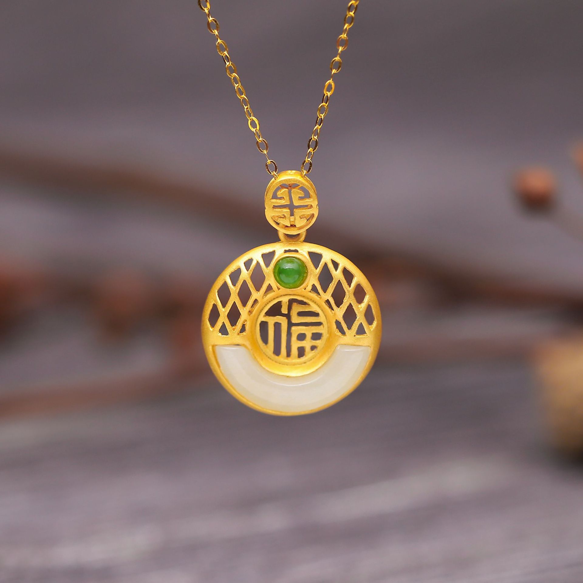 s925古法银镀黄金镶和田玉福禄寿吊坠系列项链