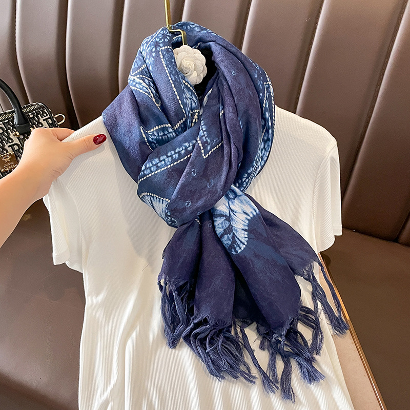 Spring and Autumn Cotton and Linen Feel Blue Batik Large Long Scarf Women's Scarf Shawl Dual-Use Summer Air-Conditioned Room Warm Tassel