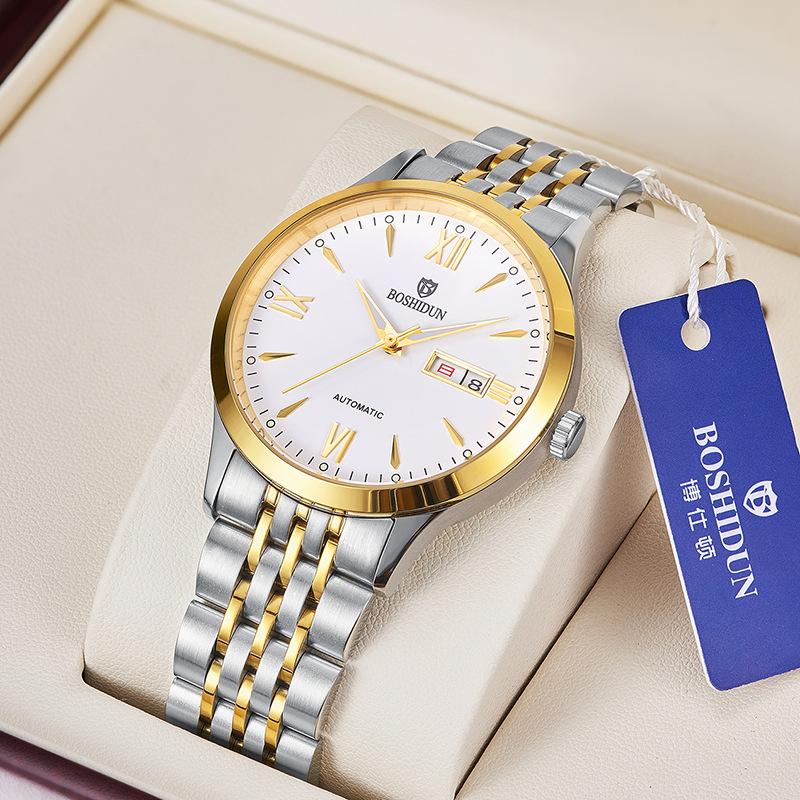 博仕顿十大品牌手表男士全自动机械腕表简约商务双日历夜光直播