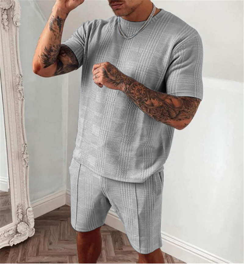Summer 2023 Men's Foreign Trade Casual Suit Popular European and American Amazon Short-Sleeved Shorts Two-Piece Sports Trendy Men's