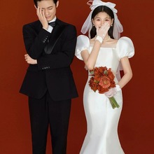 韩式轻婚纱新娘缎面领证登记小礼服气质简约白色修身显瘦鱼尾裙女