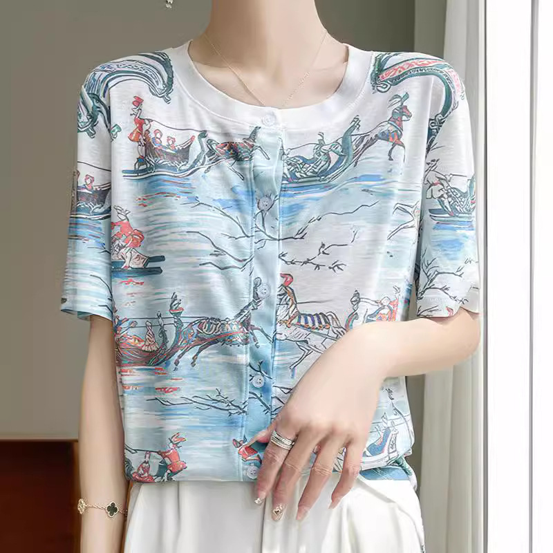 2024夏季新款半袖丝天 桑蚕丝针织衫女百搭半袖圆领减龄洋气开衫