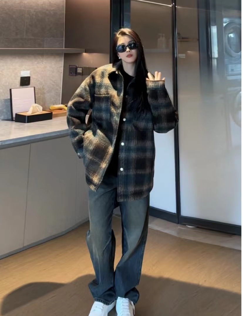 北木先生服饰男冬季保暖休闲翻领重磅加厚毛呢衬衫格子外套羽绒服