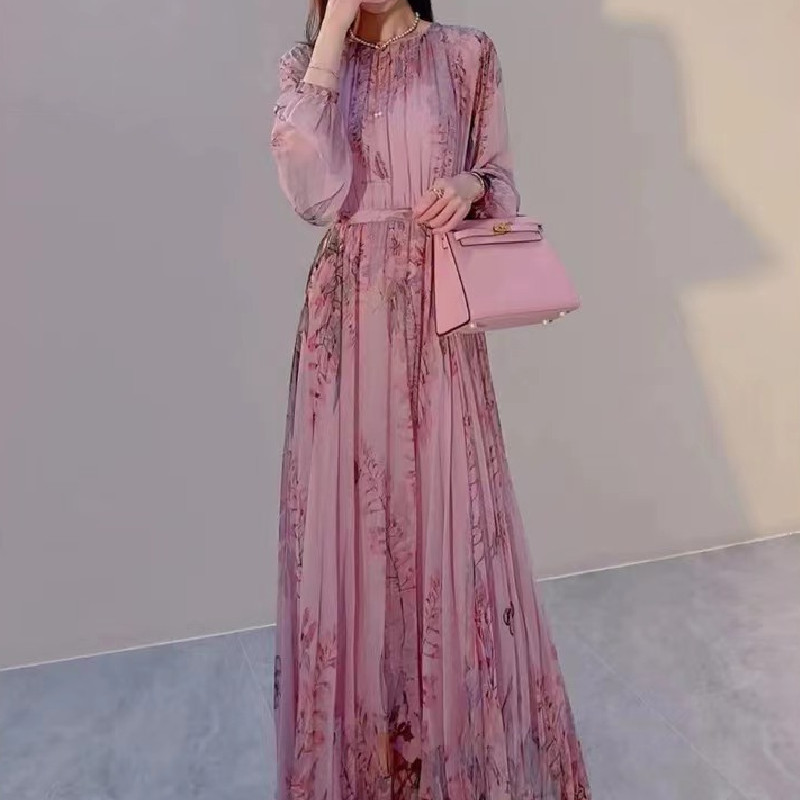 2022年新款法式温柔风乔其纱桑蚕丝长袖大摆长裙子印花真丝连衣裙