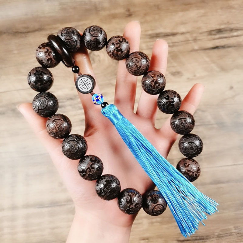 黑檀木珠紫光檀手持手串男士乌木雕刻念珠汽车挂件流苏饰品直播