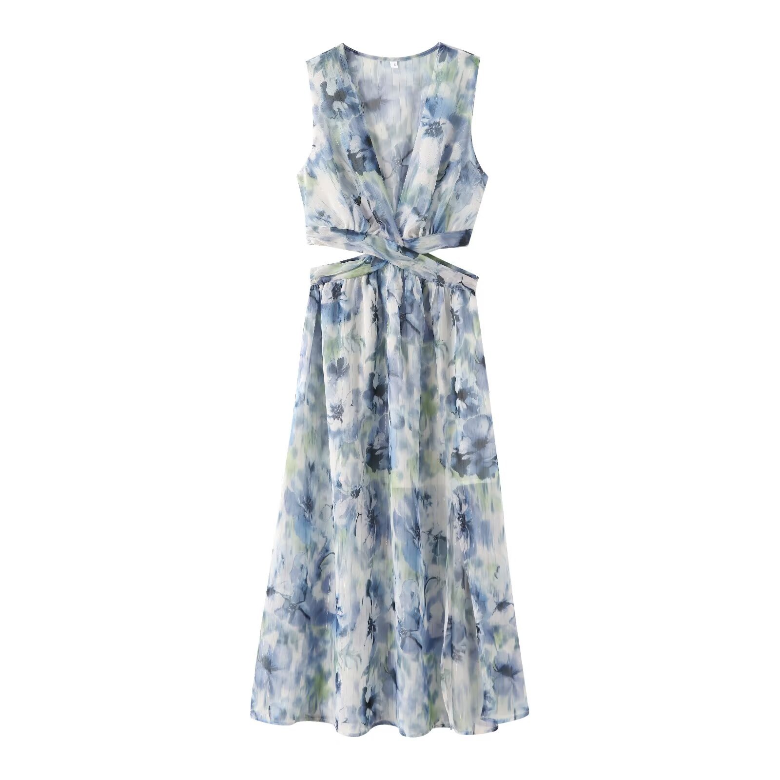 欧美批发2024夏季开口金属色线露腰印花连衣裙b5-2221-阿里巴巴