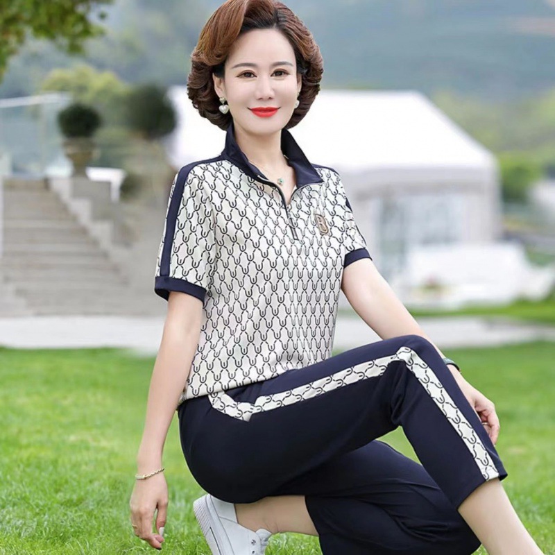 减龄中年妈妈夏装印花上衣短袖运动服套装时尚洋气翻领休闲两件套