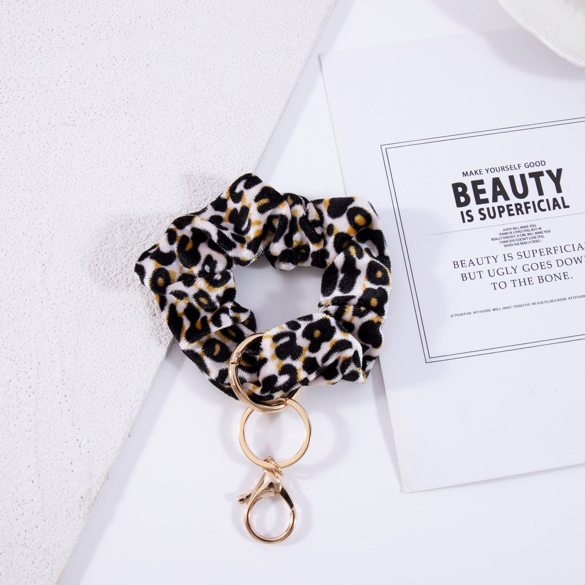 Cross-Border New Hot Korean Velvet Leopard Print Fabric High Elasticity Large Intestine Ring Multi-Functional Keychain Hair Band Head Accessories