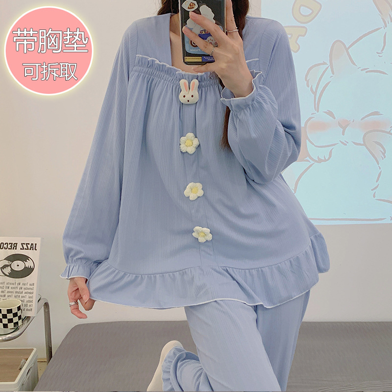 Women's Large Size Pajamas with Chest Pad Autumn and Winter Sweet Long Sleeve plus Sizes Loose 100.00kg Plump Girls Home Wear Two-Piece Set