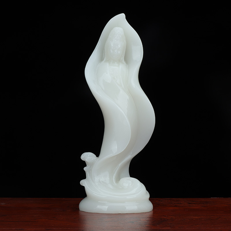 阿富汗白玉观音摆件 家居办公室白玉水纹观音摆饰送礼自用